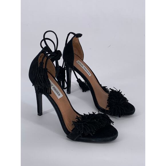 STEVE MADDEN Women's Black Leather Sassey Fringe Gladiator Stiletto Heels SZ 6.5 - Picture 3 of 10